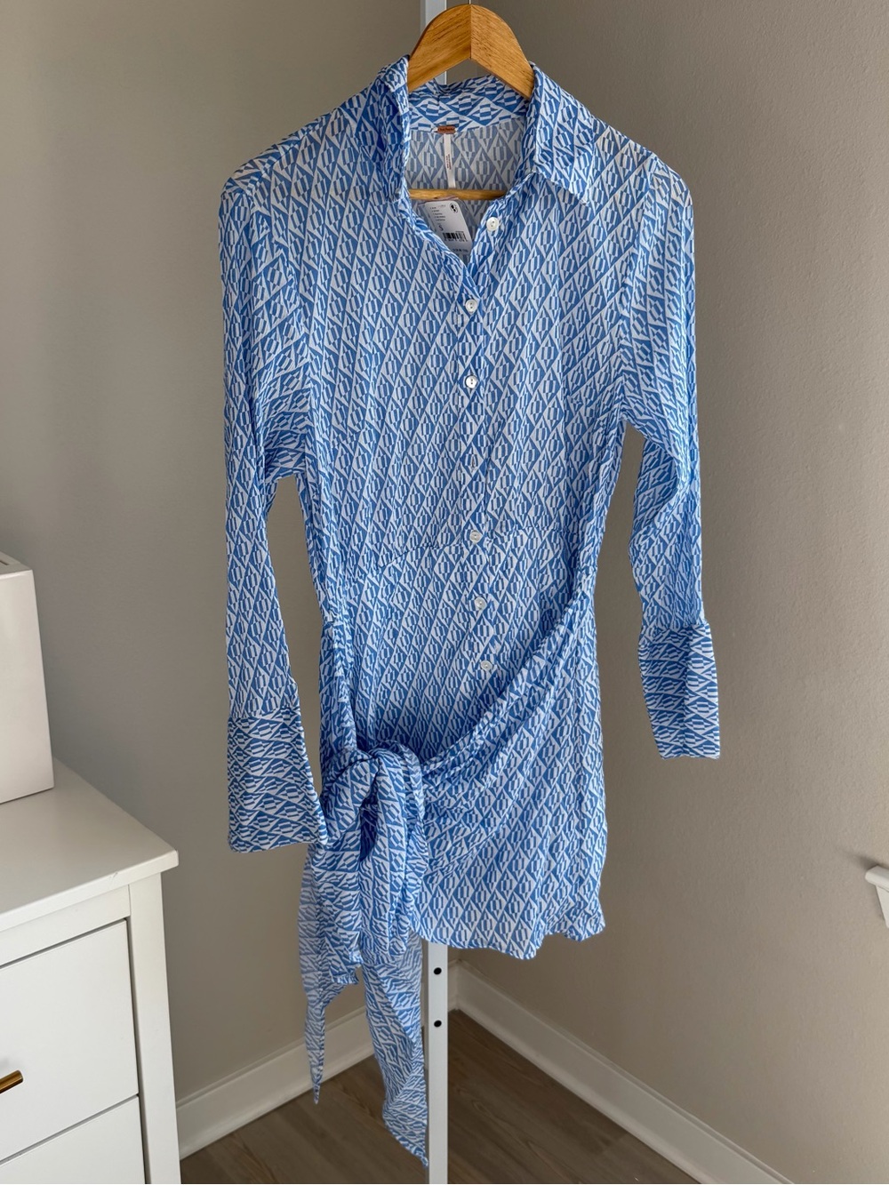 Free People Blue/White Patterned Tie-Waist Long Sleeve Dress